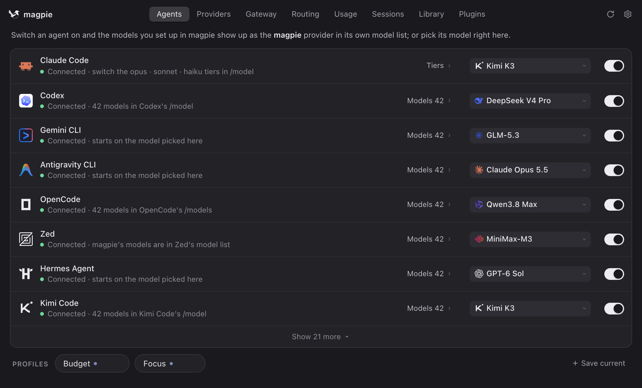 The Agents tab: one row per agent with the model it uses, and saved profiles at the bottom