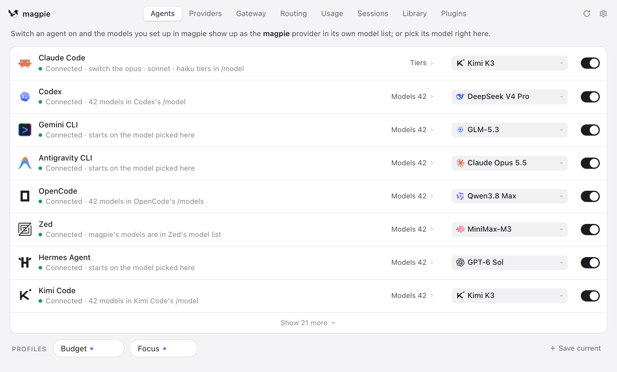 The Agents tab: one row per agent with the model it uses, and saved profiles at the bottom